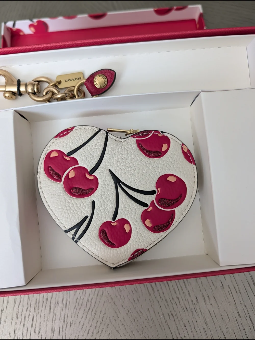 Coach White Cherry Heart Coin Pouch with Keychain